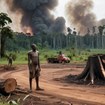 **Deforestation in Congo:** A wide shot of a deforested area in the Congo rainforest. In the foreground, a local man stands next to a large tree stump, looking distressed. In the background, logging trucks are visible, and smoke rises from burning vegetation. The scene should convey a sense of loss and environmental destruction. Include elements like barren soil, scattered debris, and a muted color palette to emphasize the severity of the situation.