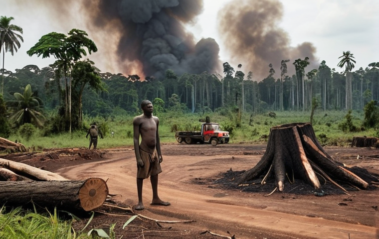 **Deforestation in Congo:** A wide shot of a deforested area in the Congo rainforest. In the foreground, a local man stands next to a large tree stump, looking distressed. In the background, logging trucks are visible, and smoke rises from burning vegetation. The scene should convey a sense of loss and environmental destruction. Include elements like barren soil, scattered debris, and a muted color palette to emphasize the severity of the situation.