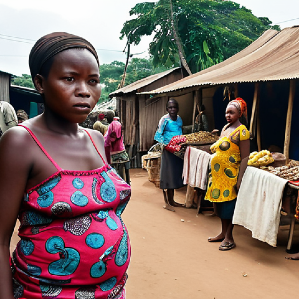 **

A bustling Congolese market scene. In the foreground, a single mother is selling goods, her children nearby. A TV crew filming a local drama is visible in the background, subtly highlighting the drama's connection to real-life struggles. Focus on vibrant fabrics, expressions of determination on the mother's face, and the realistic portrayal of everyday life in Congo.

**