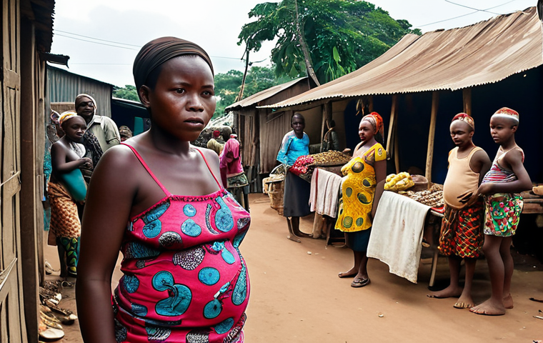 **
A bustling Congolese market scene. In the foreground, a single mother is selling goods, her children nearby. A TV crew filming a local drama is visible in the background, subtly highlighting the drama's connection to real-life struggles. Focus on vibrant fabrics, expressions of determination on the mother's face, and the realistic portrayal of everyday life in Congo.
**