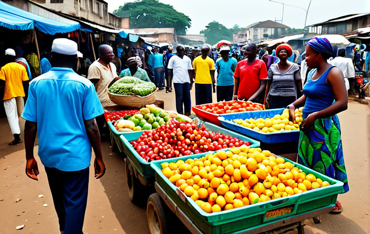 Bustling Market Scene in Brazzaville**

"A vibrant and colorful market scene in Brazzaville, Congo. People are selling fruits, vegetables, and local crafts. Everyone is fully clothed in modest, everyday attire. The market is filled with activity, but the scene is peaceful and safe.  Emphasis on the rich colors and textures of the goods and clothing.  Bright daylight.  Safe for work, appropriate content, fully clothed, family-friendly, professional photography, perfect anatomy, natural proportions, well-formed hands, proper finger count, natural pose."

**