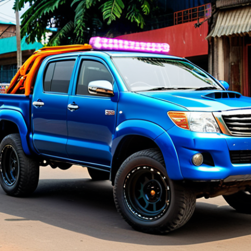 Modified Car in Kinshasa**

"A brightly colored Toyota Hilux, fully modified with large alloy rims and LED lights, parked on a street in Kinshasa, Congo. The car is fully clothed, safe for work, and appropriate content. Focus on the details of the modifications, showcasing the vibrant car culture. Background includes local street vendors and pedestrians in modest clothing. Professional photography, perfect anatomy, correct proportions, natural pose, high quality."

**