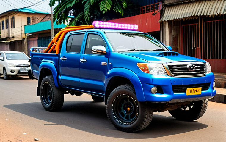 Modified Car in Kinshasa**

"A brightly colored Toyota Hilux, fully modified with large alloy rims and LED lights, parked on a street in Kinshasa, Congo. The car is fully clothed, safe for work, and appropriate content. Focus on the details of the modifications, showcasing the vibrant car culture. Background includes local street vendors and pedestrians in modest clothing. Professional photography, perfect anatomy, correct proportions, natural pose, high quality."

**