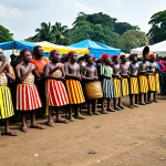 **

A vibrant scene at a traditional Congolese festival, showing people fully clothed in colourful, patterned traditional attire. The background features community members preparing food and decorating the area. Include musicians playing traditional instruments like drums and balafons. Depict children watching dancers perform a story-telling dance. Focus on capturing the spirit of community and cultural pride. Perfect anatomy, natural proportions, well-formed hands, proper finger count. Safe for work, appropriate content, fully clothed, family-friendly.

**