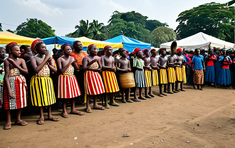 **

A vibrant scene at a traditional Congolese festival, showing people fully clothed in colourful, patterned traditional attire. The background features community members preparing food and decorating the area. Include musicians playing traditional instruments like drums and balafons. Depict children watching dancers perform a story-telling dance. Focus on capturing the spirit of community and cultural pride. Perfect anatomy, natural proportions, well-formed hands, proper finger count. Safe for work, appropriate content, fully clothed, family-friendly.

**