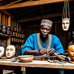 **

A Congolese woodcarver in a workshop, surrounded by intricately carved masks and figurines, fully clothed in traditional attire, demonstrating their craft. Background: a rustic workshop with tools and wood shavings. safe for work, appropriate content, professional, perfect anatomy, natural proportions, modest clothing, family-friendly.

**