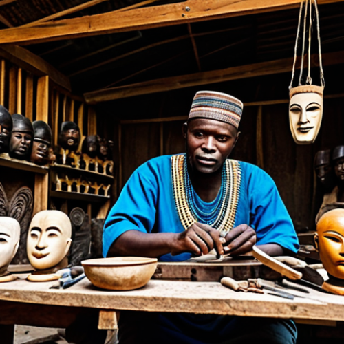 **

A Congolese woodcarver in a workshop, surrounded by intricately carved masks and figurines, fully clothed in traditional attire, demonstrating their craft. Background: a rustic workshop with tools and wood shavings. safe for work, appropriate content, professional, perfect anatomy, natural proportions, modest clothing, family-friendly.

**