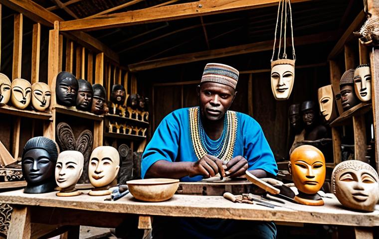 **

A Congolese woodcarver in a workshop, surrounded by intricately carved masks and figurines, fully clothed in traditional attire, demonstrating their craft. Background: a rustic workshop with tools and wood shavings. safe for work, appropriate content, professional, perfect anatomy, natural proportions, modest clothing, family-friendly.

**