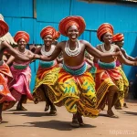 Home 11 콩고 공화국의 음악과 전통 춤 - A group of joyous Congolese dancers performing a lively Rumba. The scene is set in a vibrant communi...