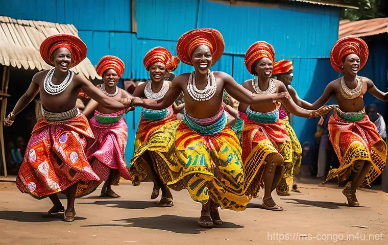 콩고 공화국의 음악과 전통 춤 - A group of joyous Congolese dancers performing a lively Rumba. The scene is set in a vibrant communi...