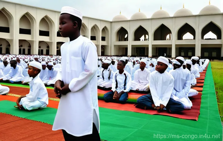 콩고 공화국의 종교와 신앙 생활 - **Prompt:** A joyous and bustling scene outside a modern, vibrant Protestant church in a Congolese c...