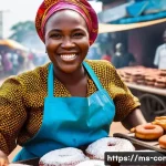 Home 15 콩고 공화국의 대표적인 디저트 및 후식 - **A vibrant street food scene in Kinshasa, Democratic Republic of Congo.** A friendly Congolese woma...