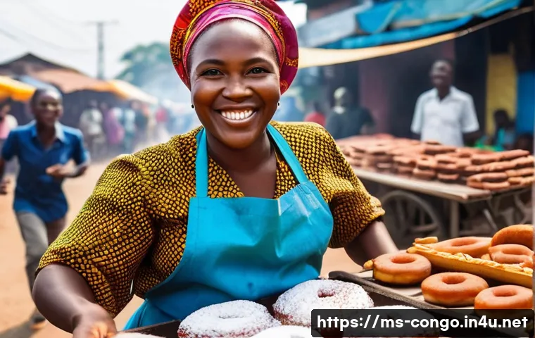콩고 공화국의 대표적인 디저트 및 후식 - **A vibrant street food scene in Kinshasa, Democratic Republic of Congo.** A friendly Congolese woma...